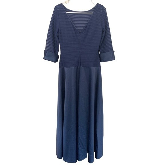 JS Collections | Blue Satin Formal Satin Evening Gown Ribbed Sheer Top Dress 8 - Picture 2 of 8